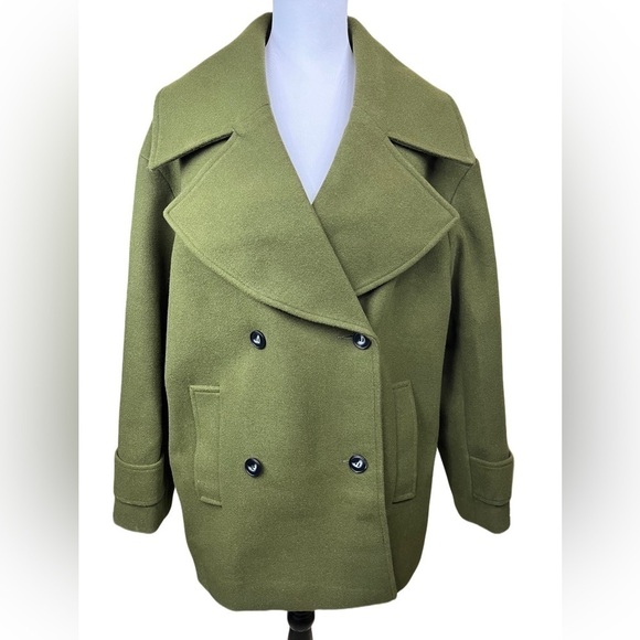 ASOS Oversized Double Breasted Notched Collar Pea Coat Khaki Size 6 - Picture 1 of 15